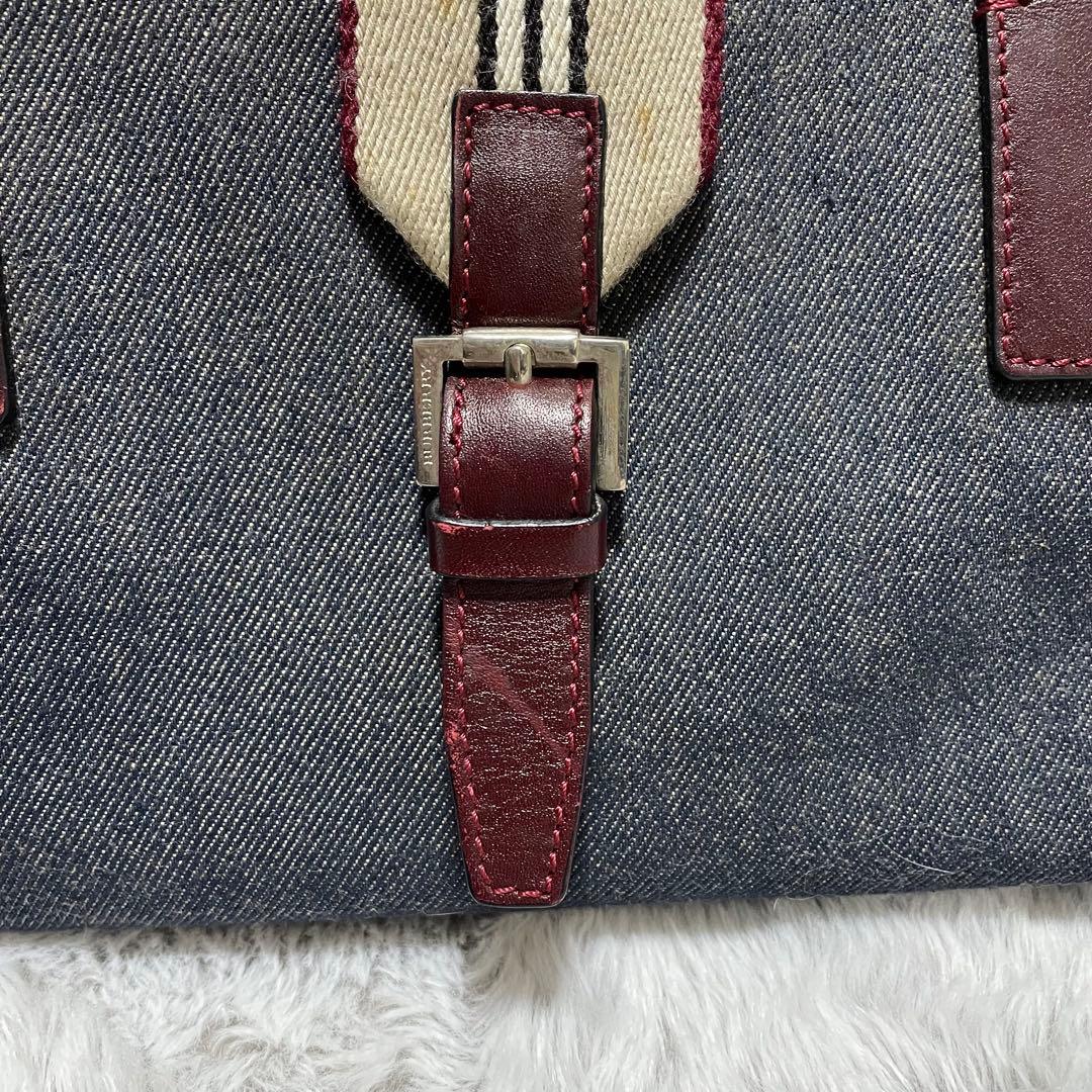 バーバリー　ハンドバッグ　デニム生地　キャンバス　レザー　シルバー金具