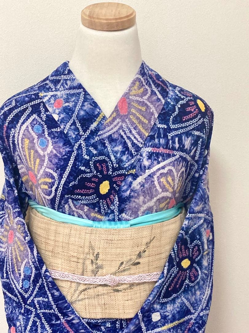 浴衣　有松鳴海絞り　蝶と幾何学　裄66.5cm