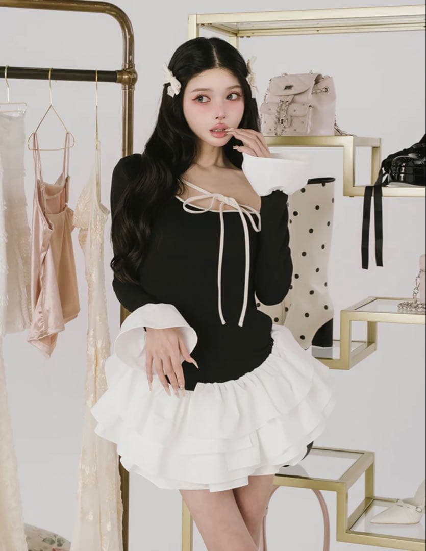 Darich デザインネックリボンミニワンピース BLK FREE