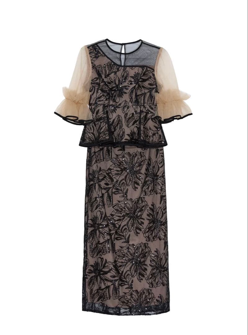 アシンメトリーシアーフラワースパンコールフリルチュール セットアップドレス