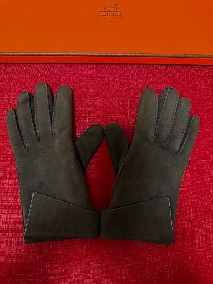 エルメス HERMES レザー グローブ 手袋 ラムスキン ブラウン