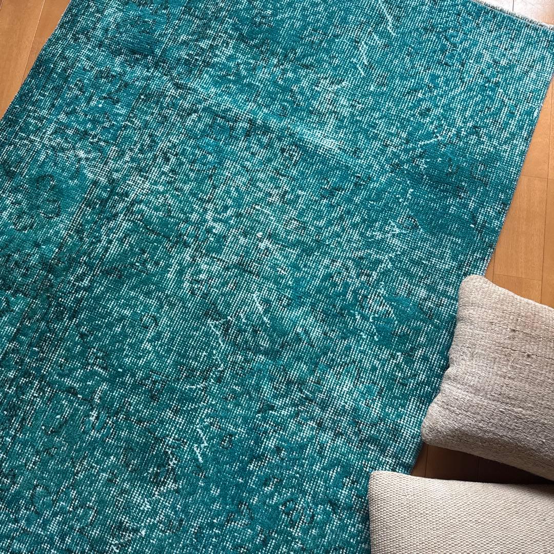 84×152ブルーグリーン　ボタニカルオーバーダイ　トルコヴィンテージラグ