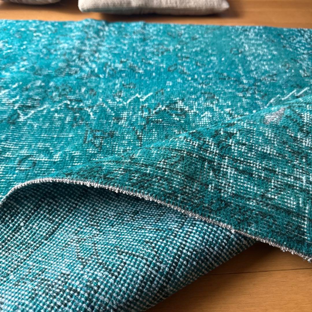 84×152ブルーグリーン　ボタニカルオーバーダイ　トルコヴィンテージラグ