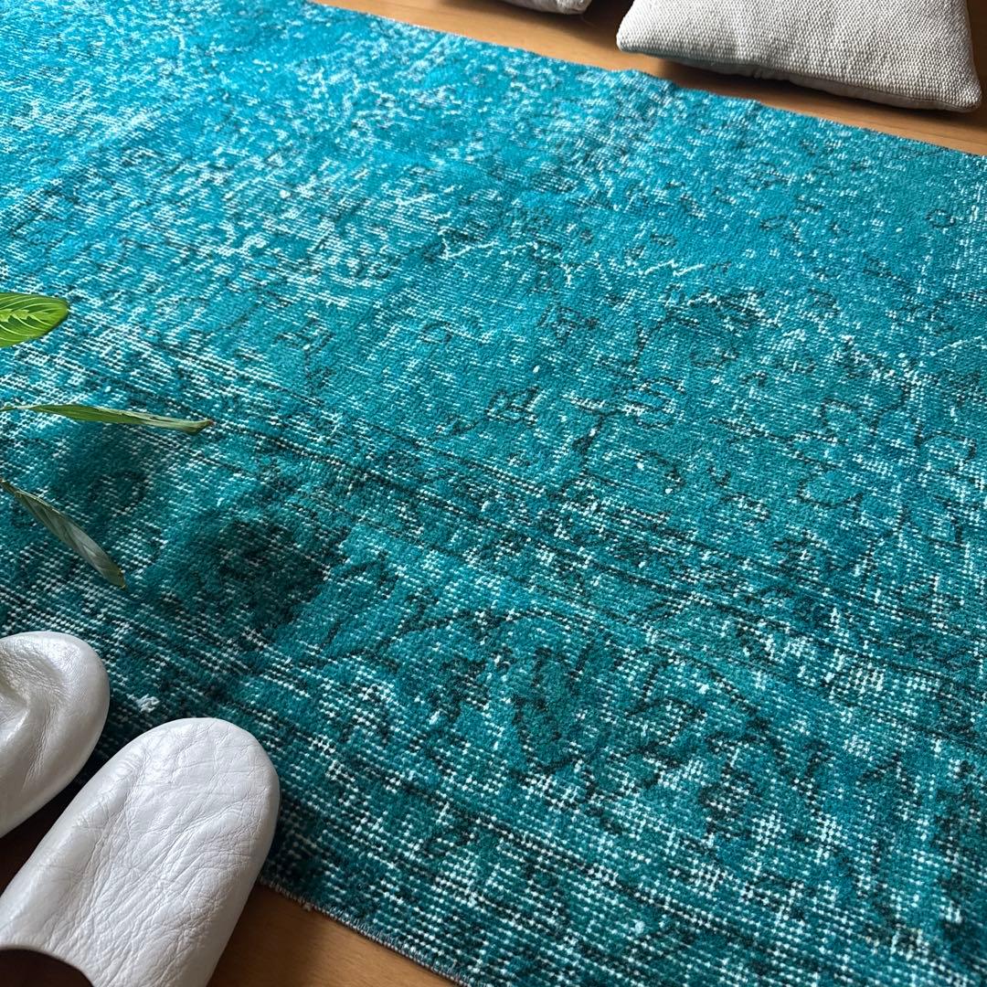 84×152ブルーグリーン　ボタニカルオーバーダイ　トルコヴィンテージラグ