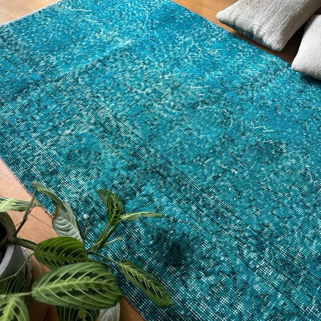 84×152ブルーグリーン　ボタニカルオーバーダイ　トルコヴィンテージラグ