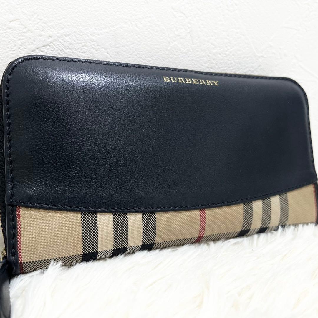 極美品　バーバリー　長財布　ラウンド　ノバチェック　レザー　ホースロゴ　切替