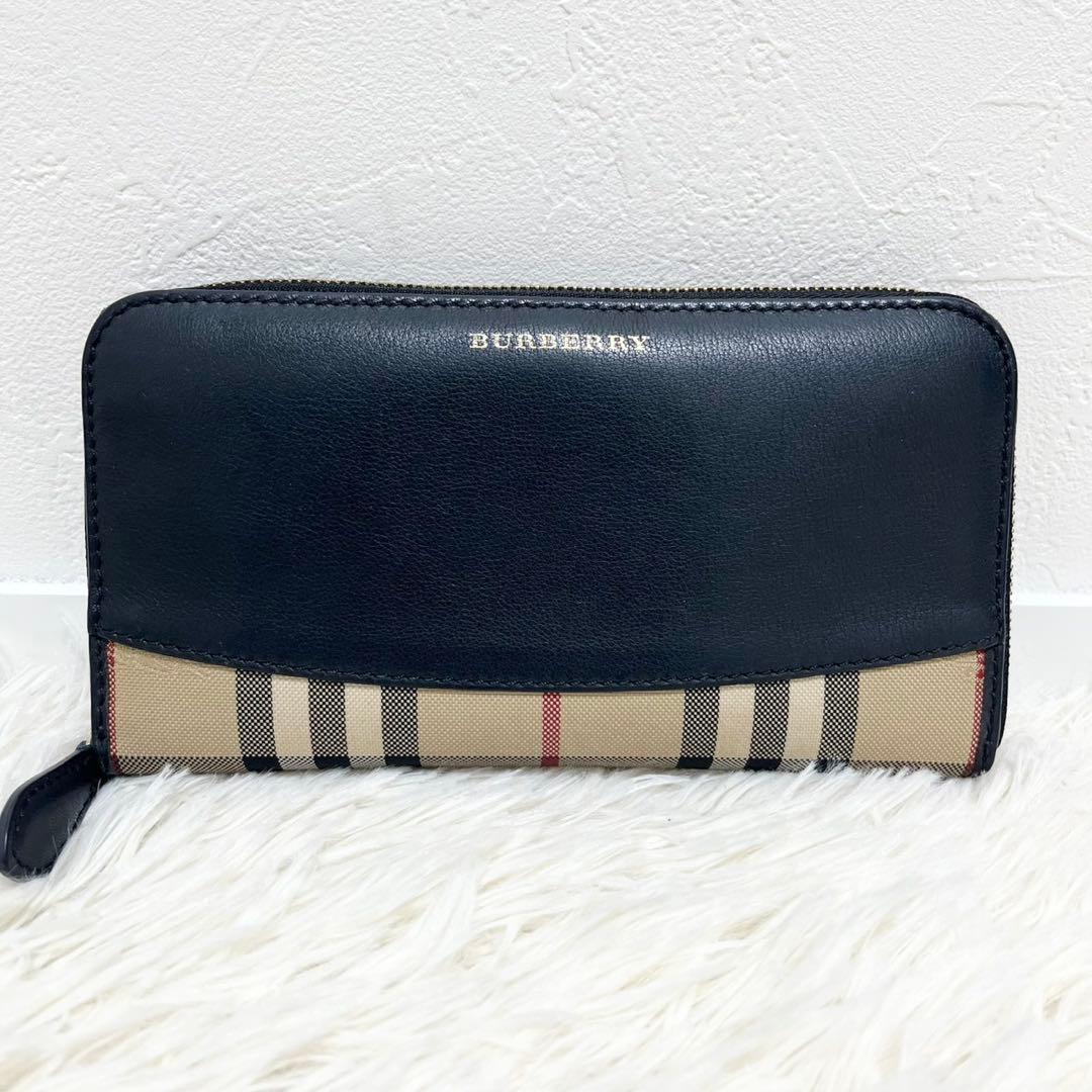 極美品　バーバリー　長財布　ラウンド　ノバチェック　レザー　ホースロゴ　切替