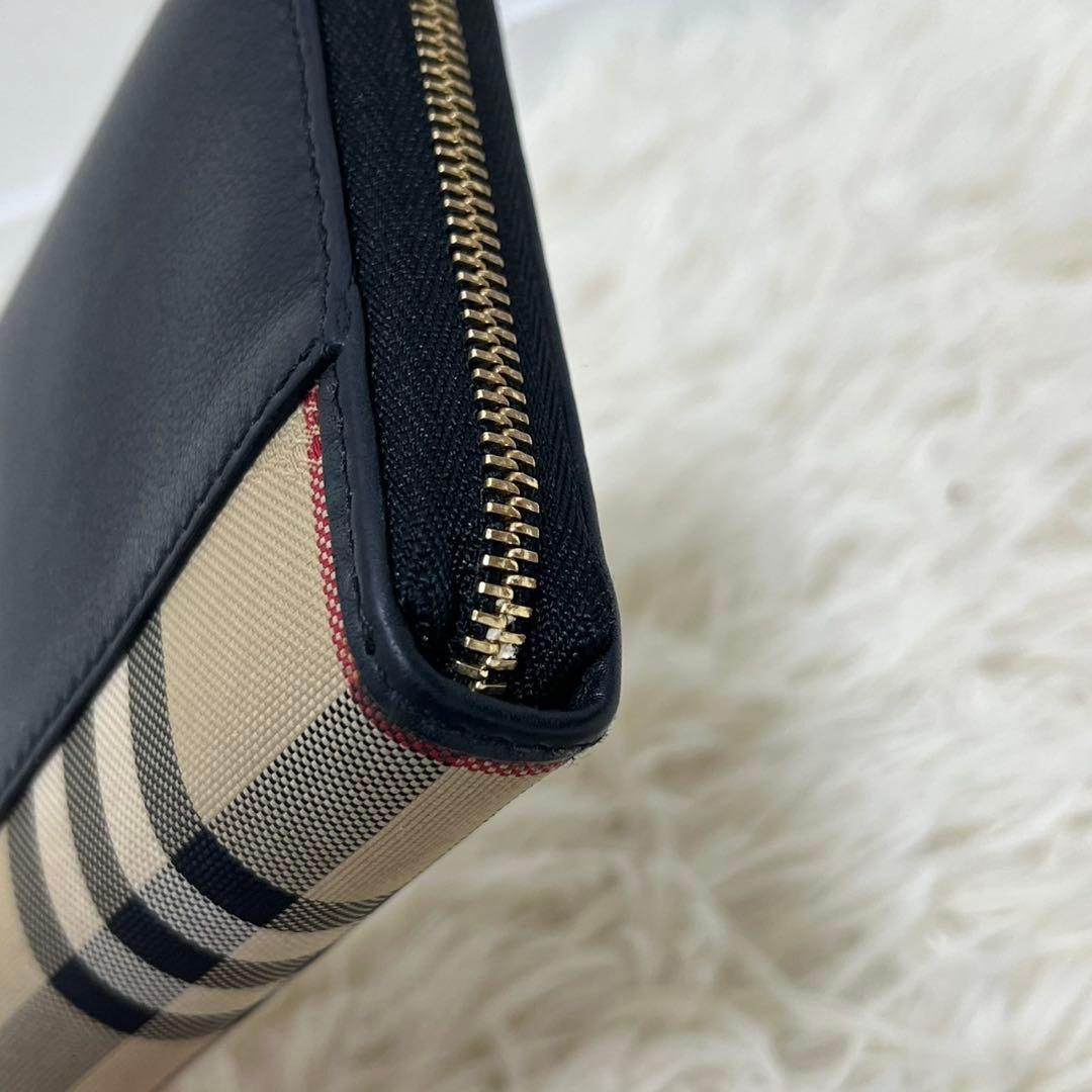 極美品　バーバリー　長財布　ラウンド　ノバチェック　レザー　ホースロゴ　切替