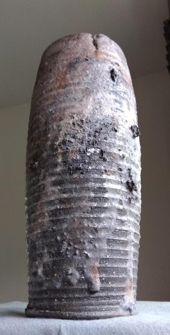 越前焼　白越不朝　塩越窯　自然灰釉究極美迸る逸品 還元窯変美筒状花器 No:12