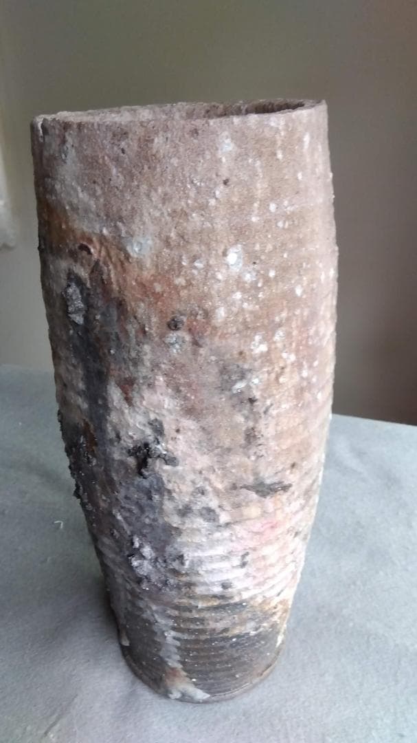 越前焼　白越不朝　塩越窯　自然灰釉究極美迸る逸品 還元窯変美筒状花器 No:12