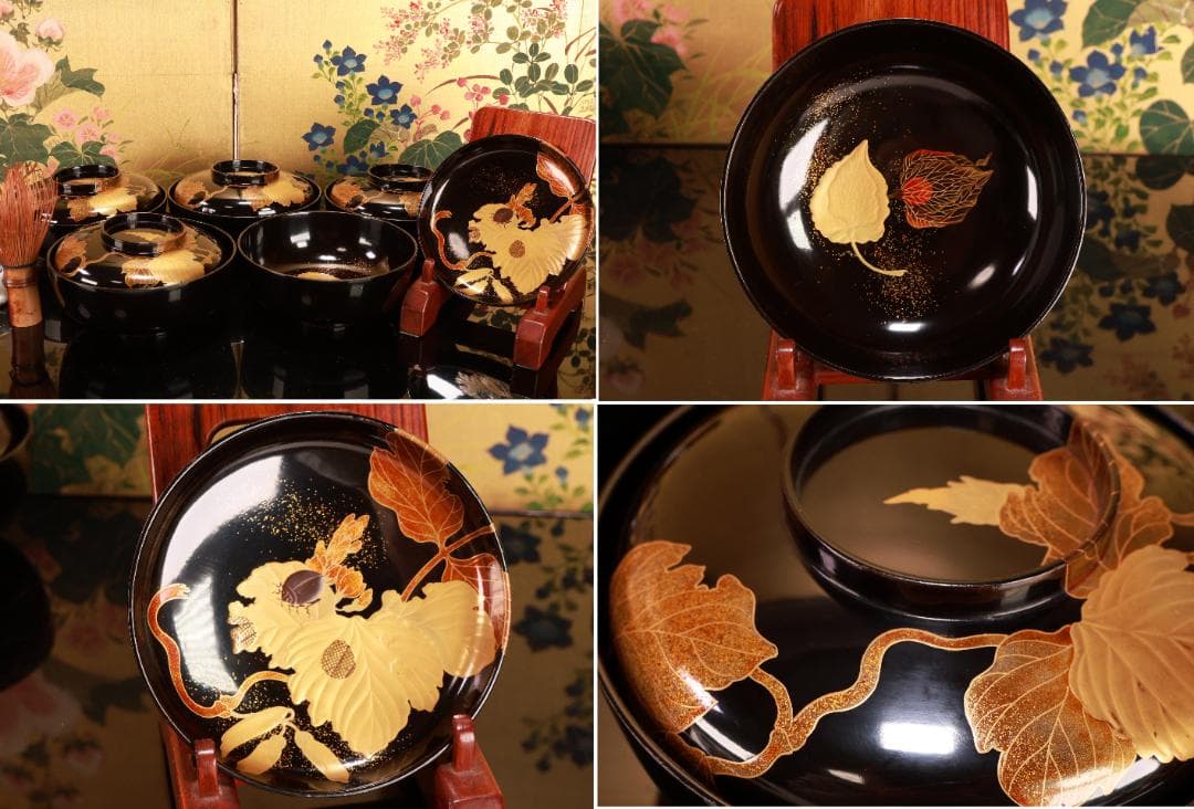 turu　BJ023 時代輪島塗　鬼灯図金蒔絵　吸物椀　八客　木製