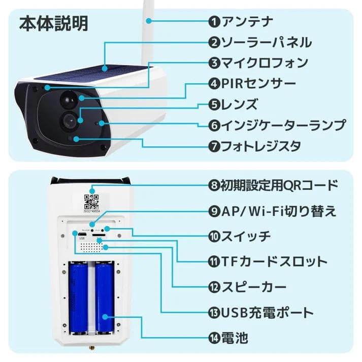 ソーラーパネル一体型 防犯カメラ高画質120°視野 防水防塵 通話可