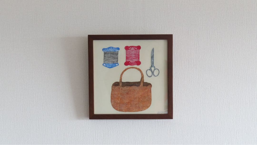 西淑 原画 2015 サイン入り かごと裁縫道具 額装 絵画
