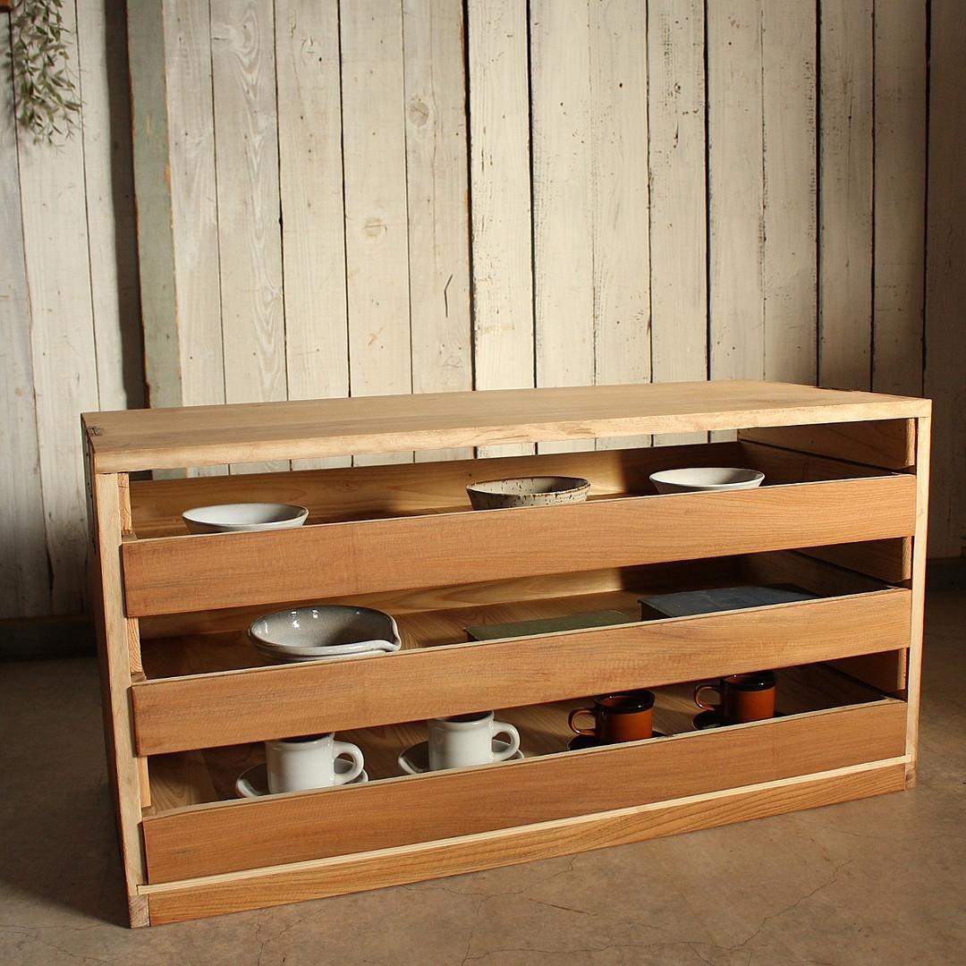 木製引き出し3段×ガラスケース　ガラスケース　食器棚　シャツケース　収納　古家具