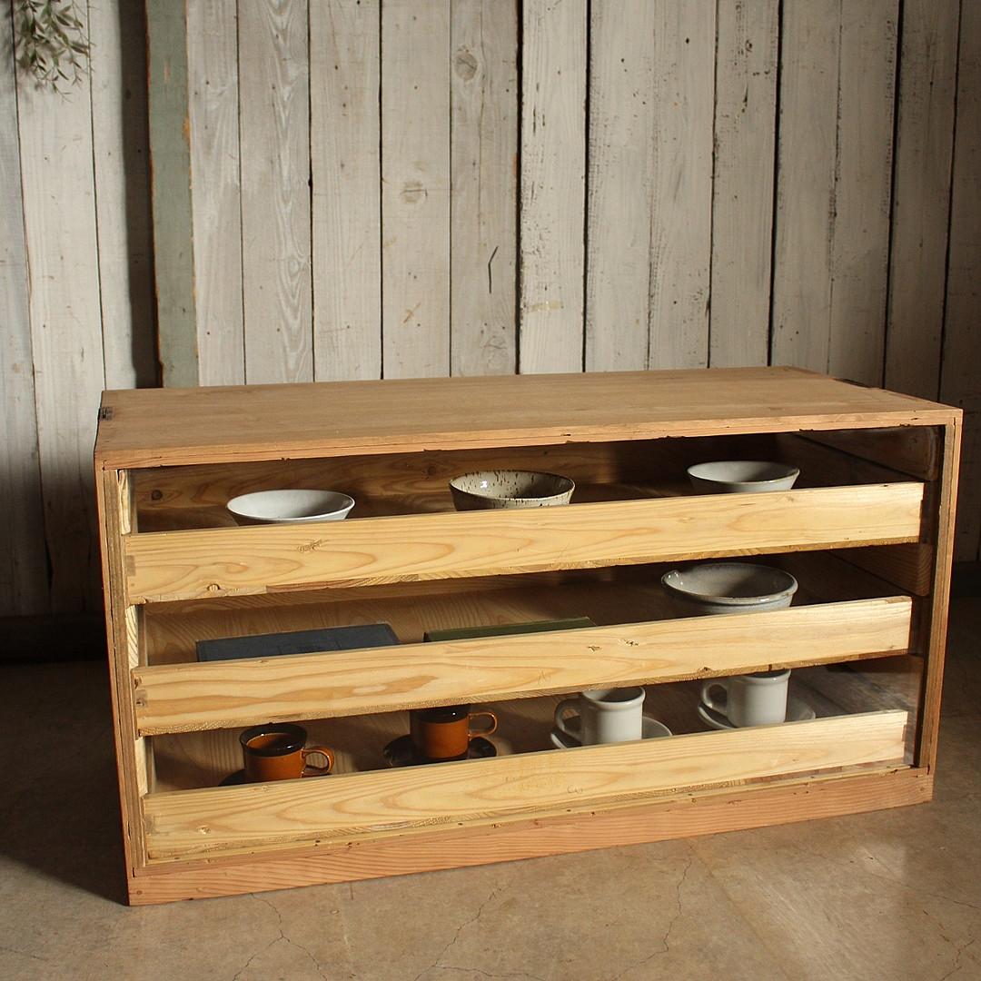 木製引き出し3段×ガラスケース　ガラスケース　食器棚　シャツケース　収納　古家具