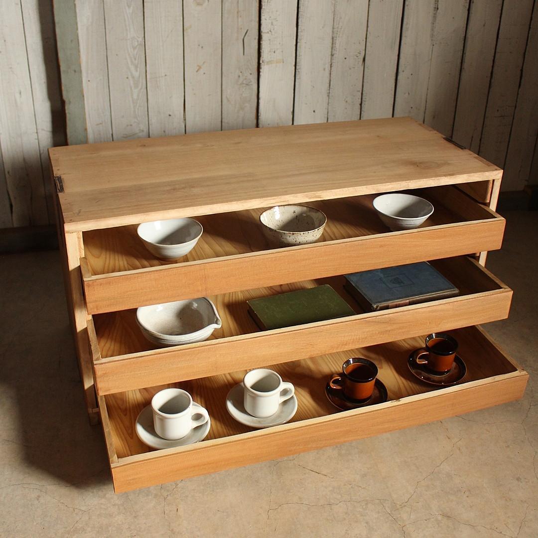 木製引き出し3段×ガラスケース　ガラスケース　食器棚　シャツケース　収納　古家具
