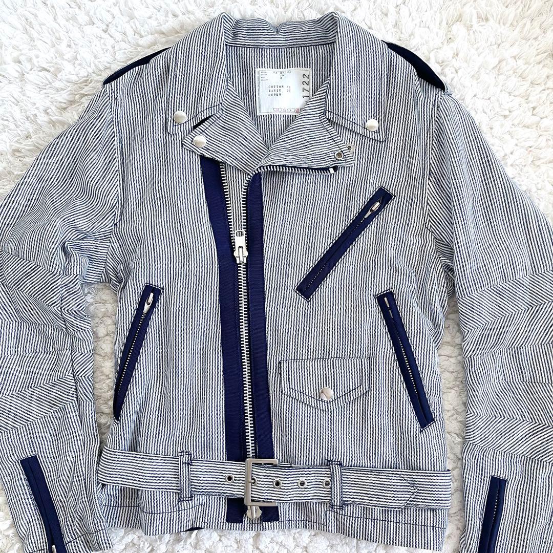 M*n様 美品　サカイ　sacai ストライプ柄　紺　白￼ライダースジャケット