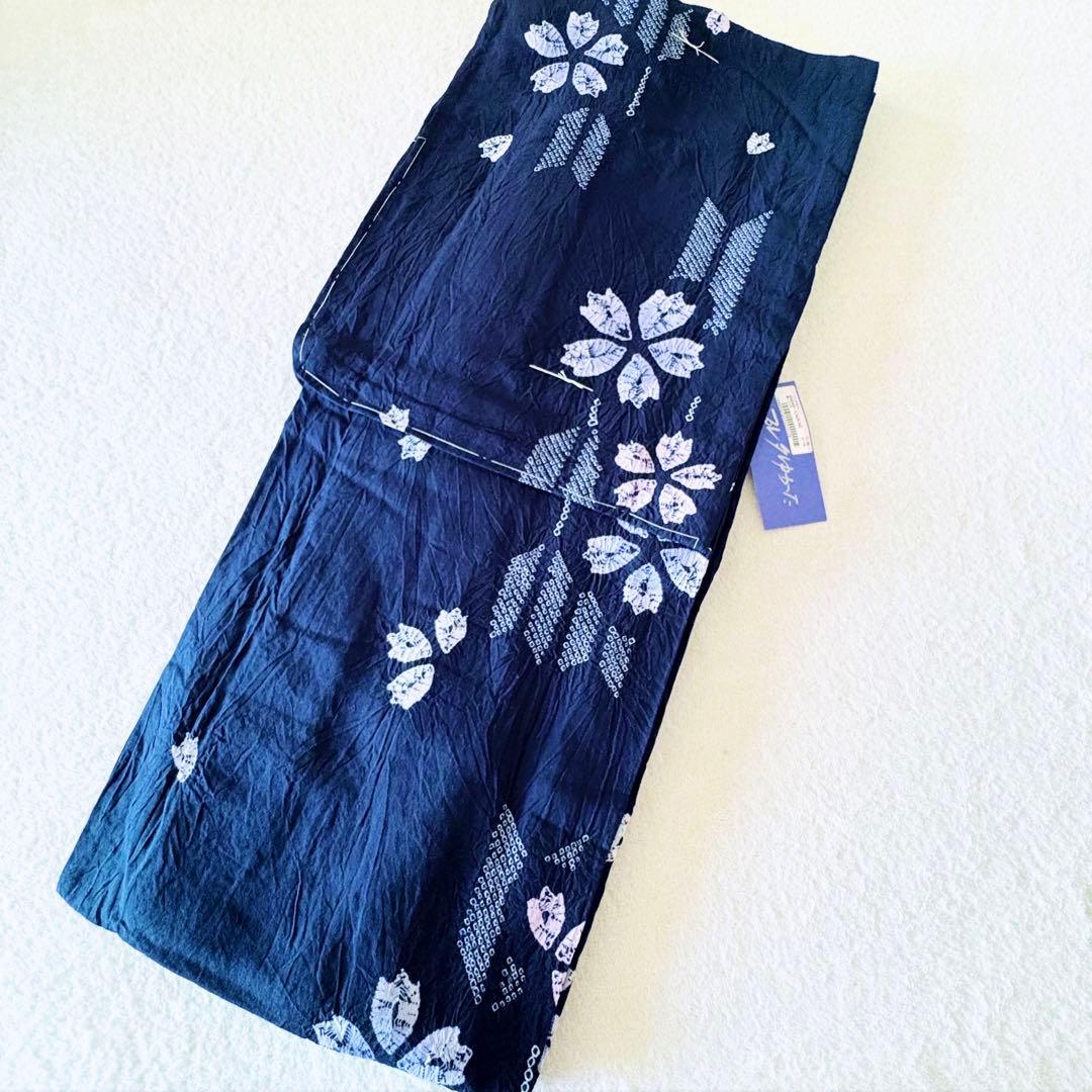 新品　しつけぬい付き　手縫　有松絞り　茄子紺色　桜　矢絣　綿　古典柄　浴衣単品