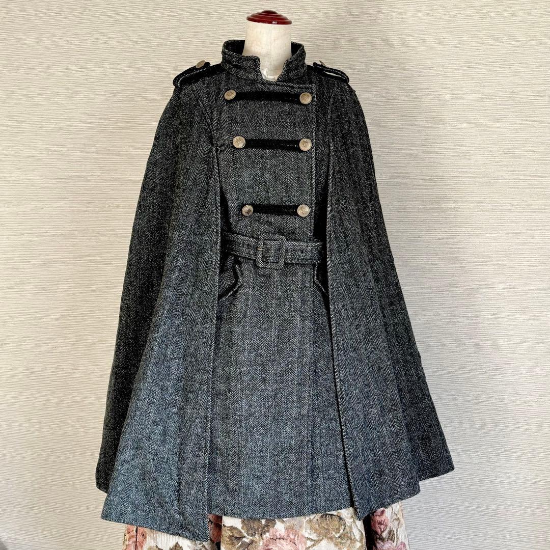 【試着のみ】アクシーズファム ナポレオン マント風コート ヘリンボーン グレーM