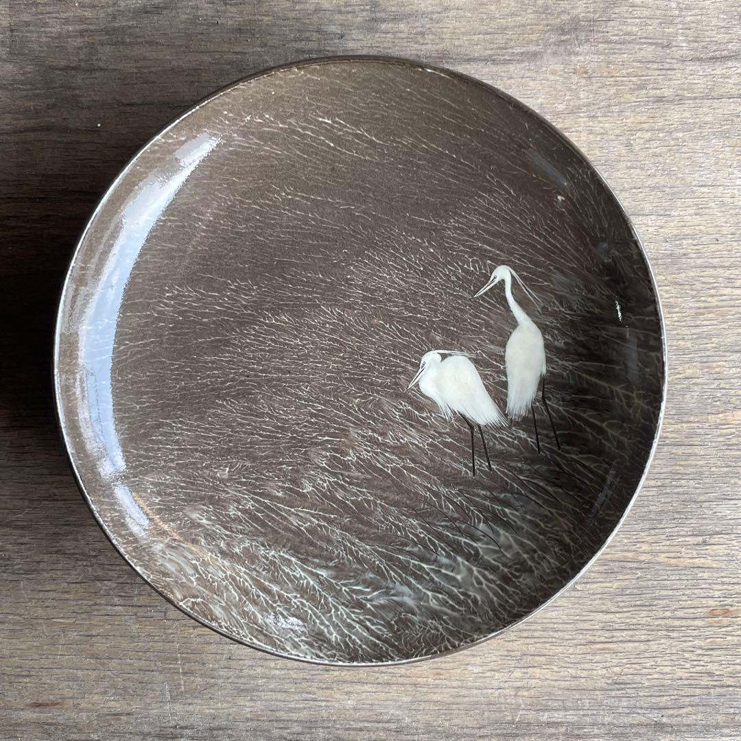 送料無料　十三代　横石臥牛　秀逸作　白鷺図　飾皿　現川焼　額皿　陶額
