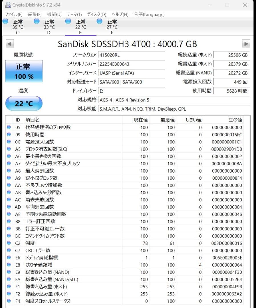 M*介様 SanDisk SDSSDH3-4T00 2.5in 4TB 中古正常