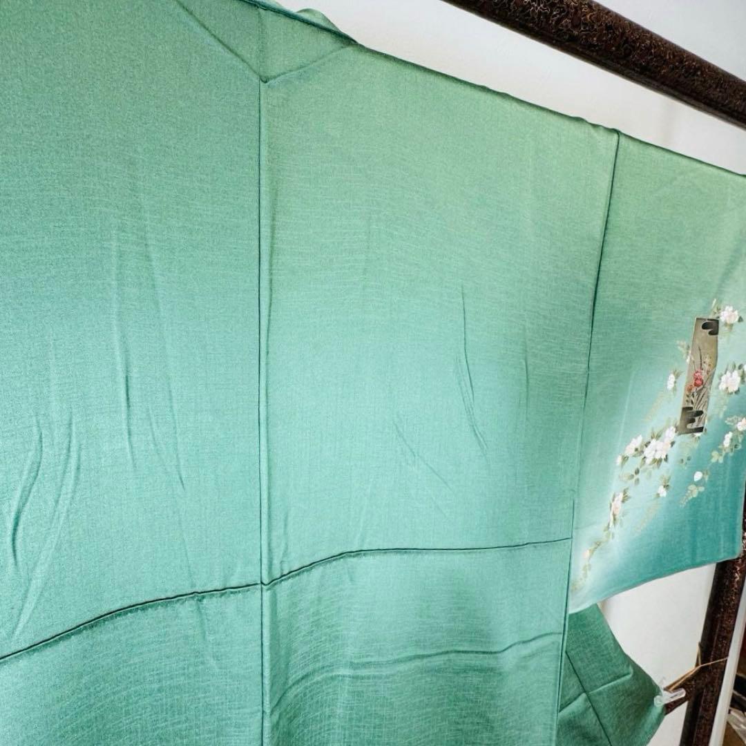 超美品　正絹　袷　現代　広襟　訪問着　着物　紋無し　161㎝　緑　光沢　金彩