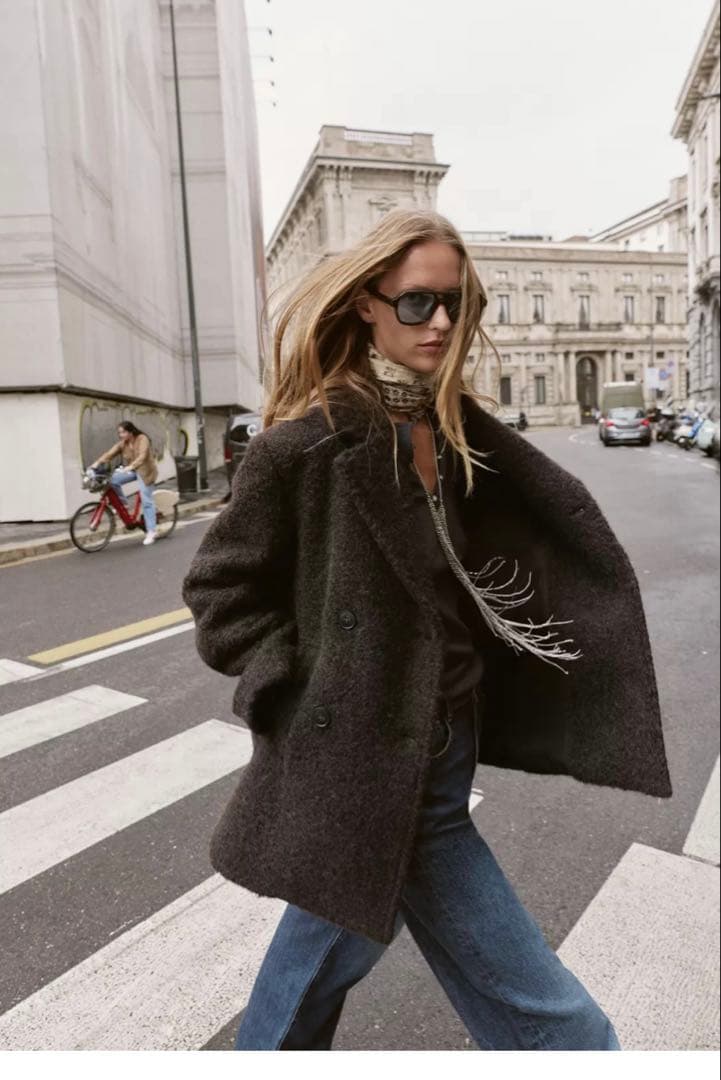 ZARA ブークレダブルブレストミディ丈コート新品未使用タグ付き！！サイズL