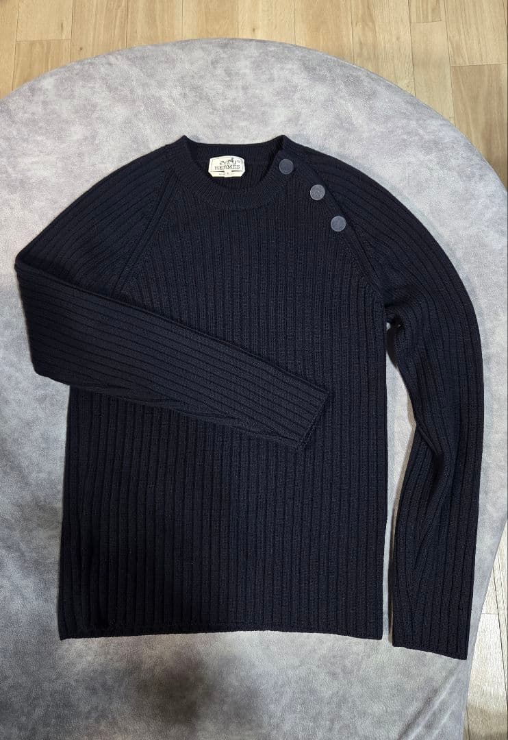美品 HERMES ネイビー リブニット