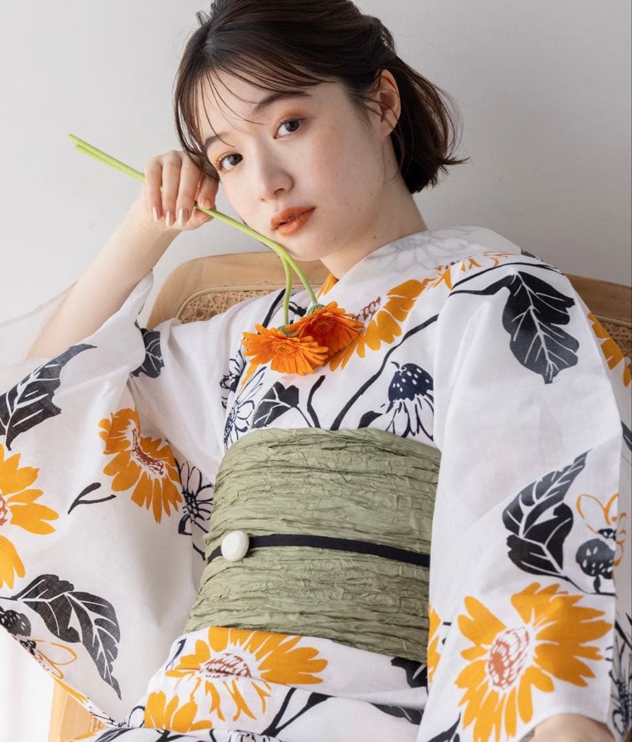 ひまわり柄 浴衣 緑色帯 ゆかた館グレース　【新品未使用】