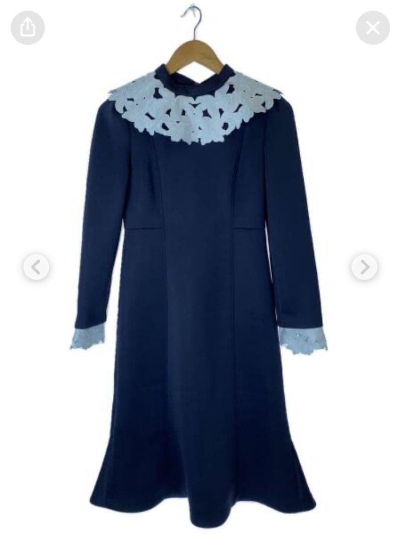 セルフォード CELFORDネイビー フラワーレース襟 長袖ワンピース 卒入学