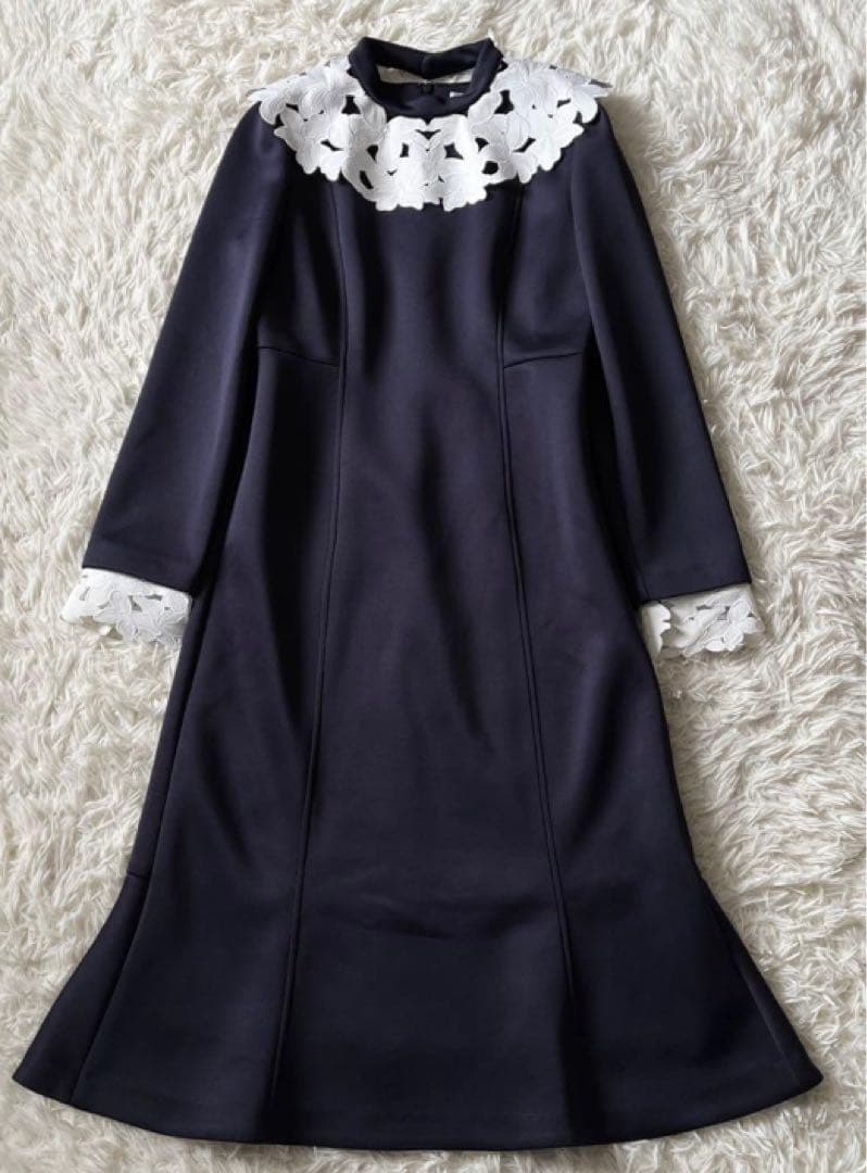 セルフォード CELFORDネイビー フラワーレース襟 長袖ワンピース 卒入学