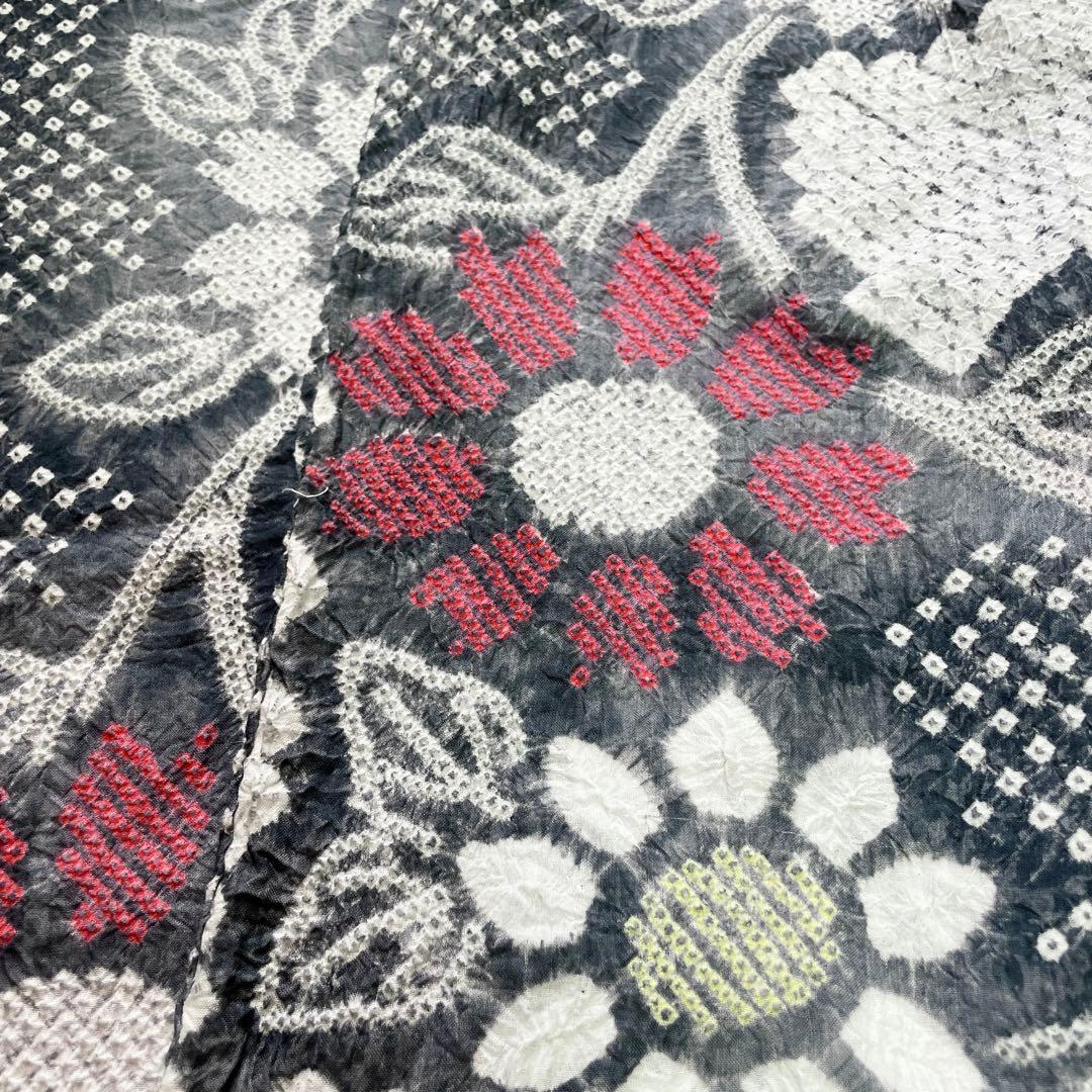 手縫い　大人浴衣　総絞り　有松絞り　レトロ　夏着物　淡い色　グレー　向日葵