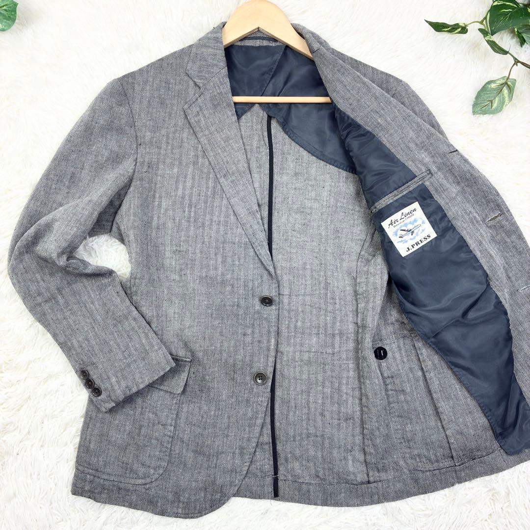 美品　ジェイプレス　ウールリネン　ヘリンボーン　アンコンジャケット　L　グレー