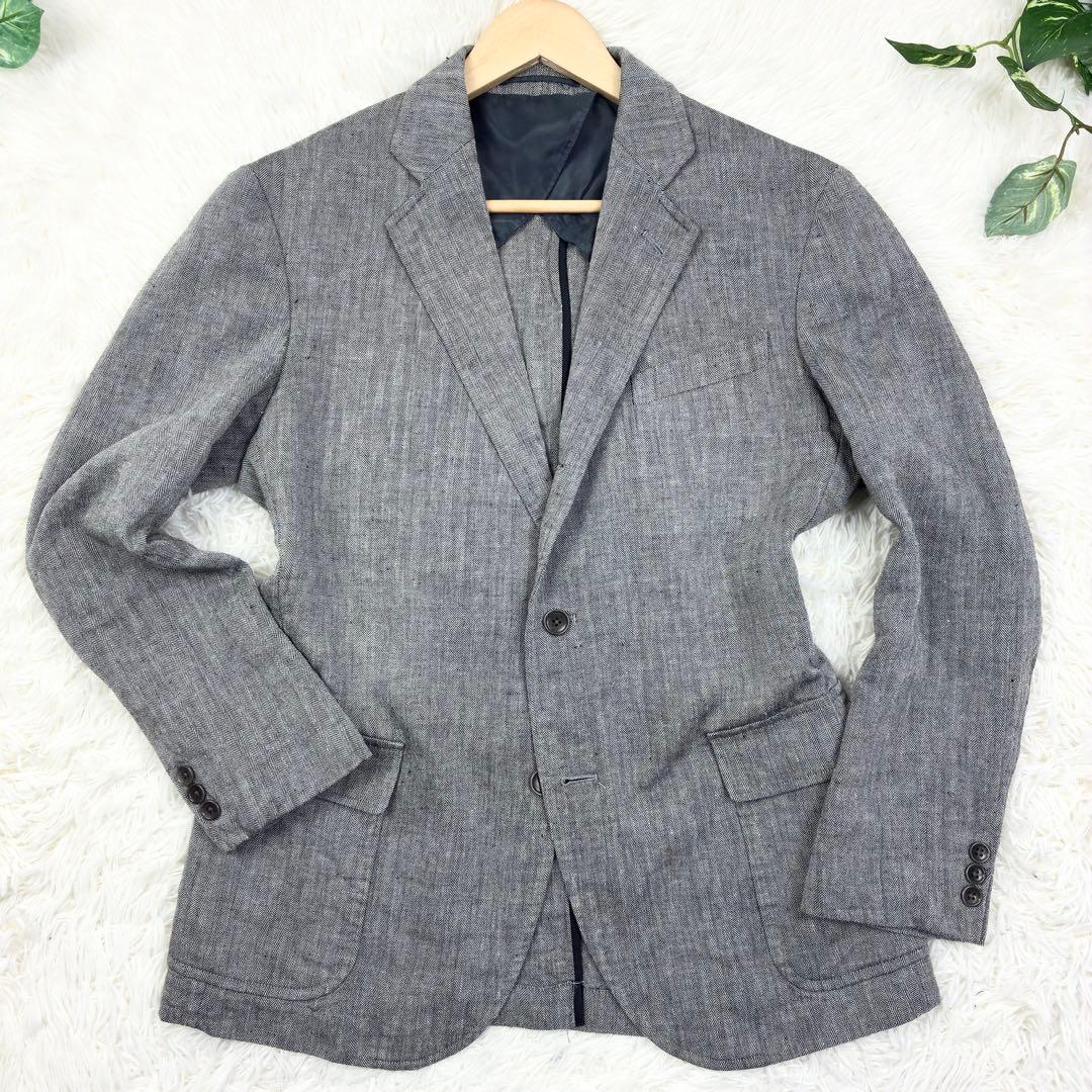 美品　ジェイプレス　ウールリネン　ヘリンボーン　アンコンジャケット　L　グレー
