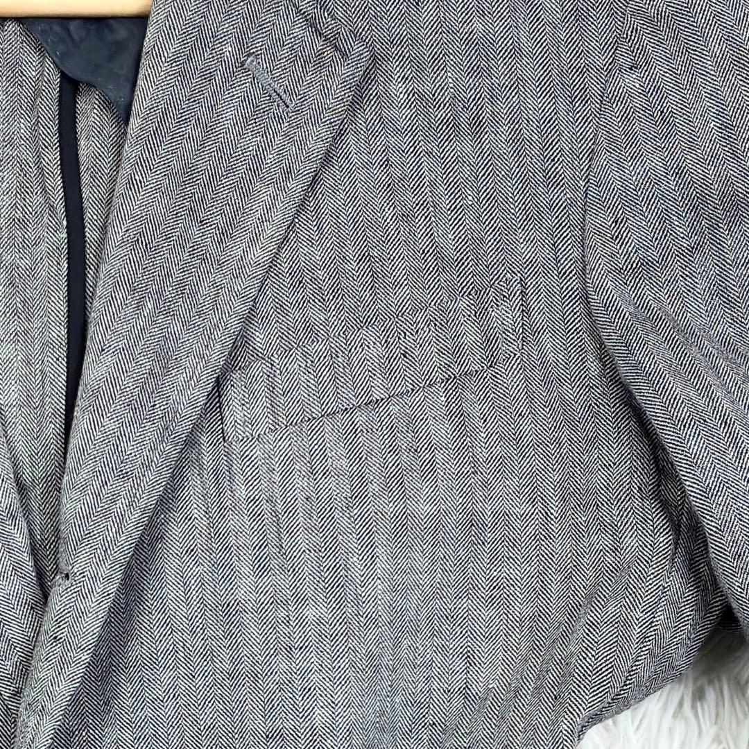 美品　ジェイプレス　ウールリネン　ヘリンボーン　アンコンジャケット　L　グレー