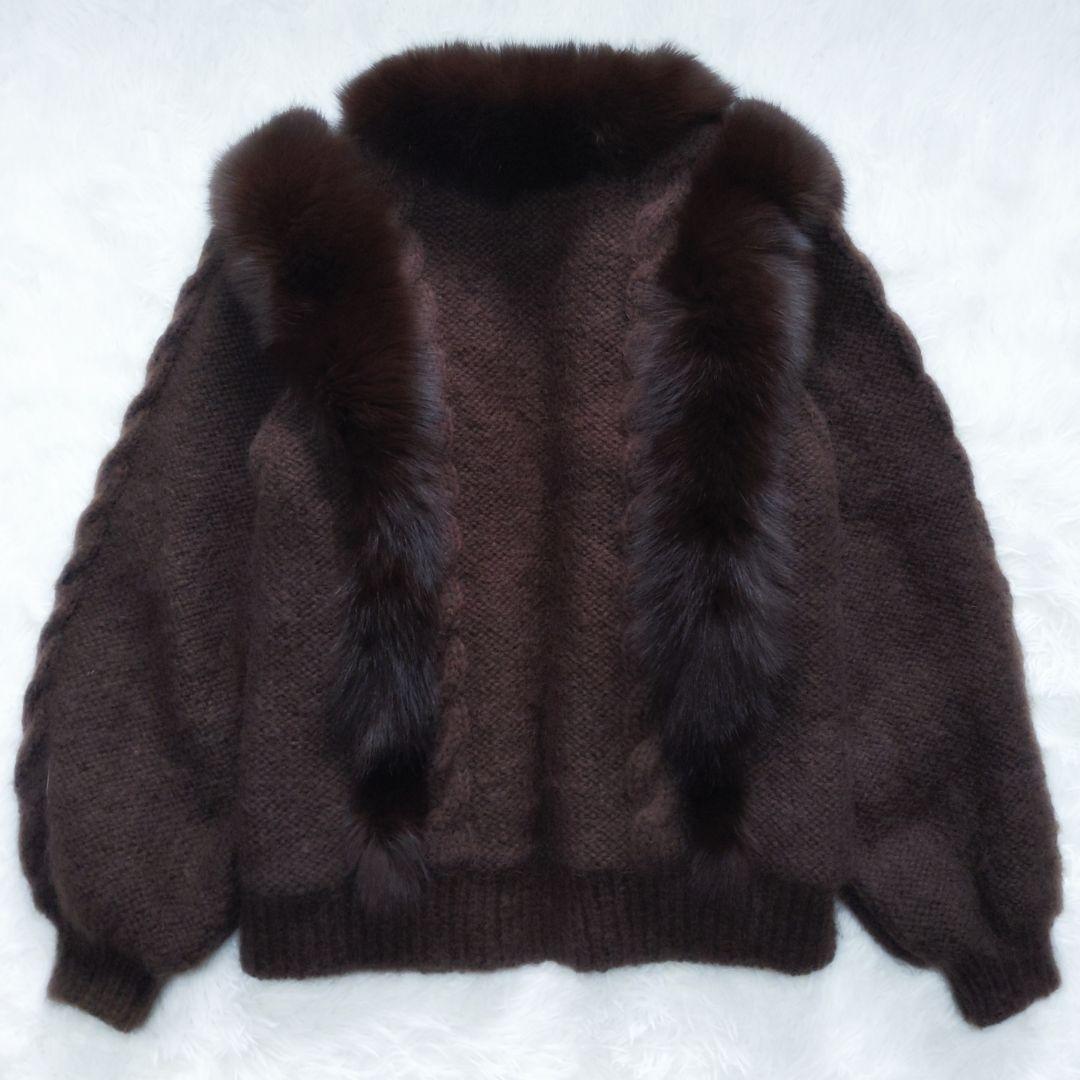【高級・美品】モヘア混×ブルーフォックスファー　ニットカーディガン リアルファー