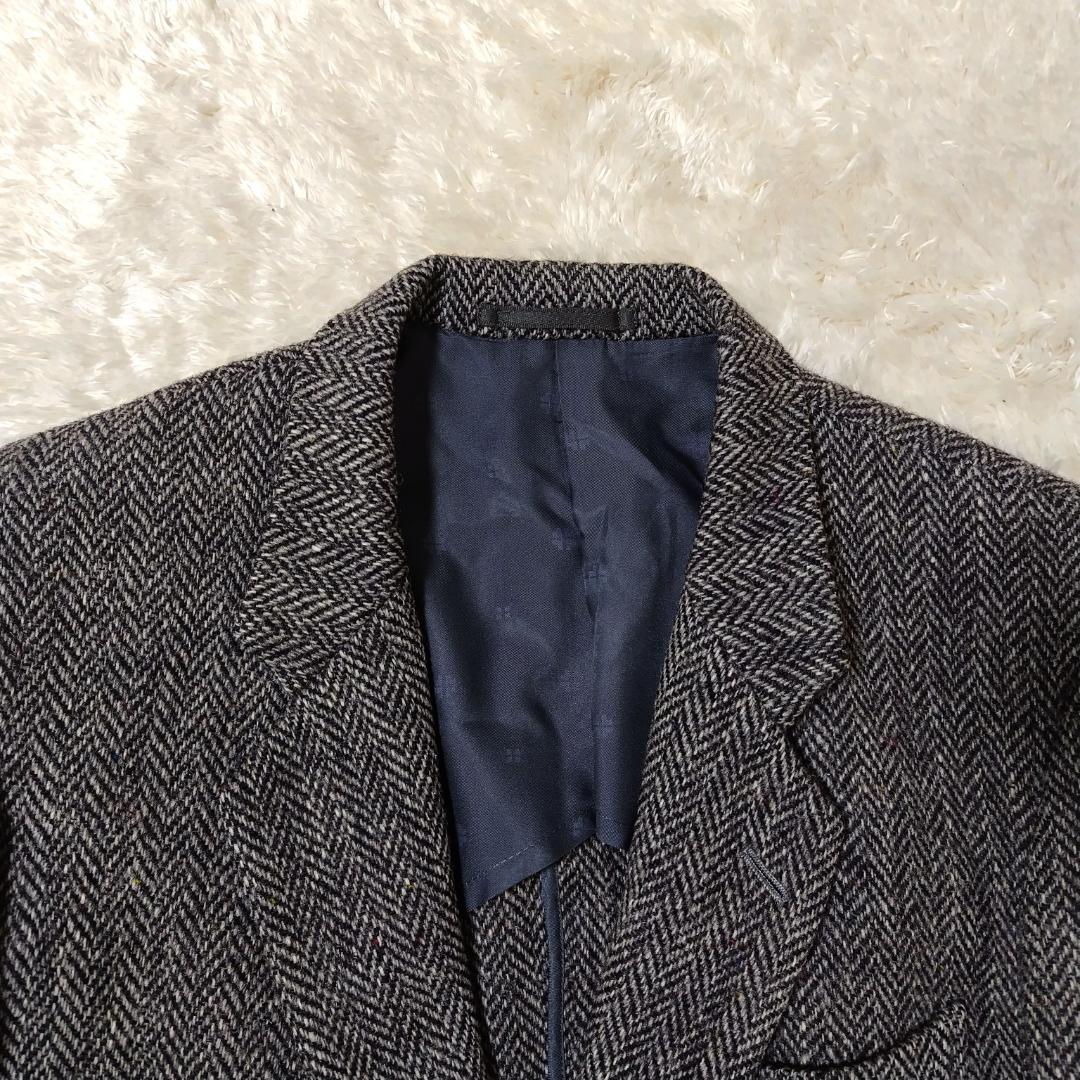 美品 ハリスツイード テーラードジャケット ヘリンボーン ウッドボタン 日本製