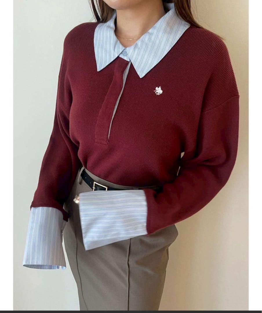 【POLO BCSコラボ】シャツカラーカフスニットプルオーバー　ボルドー