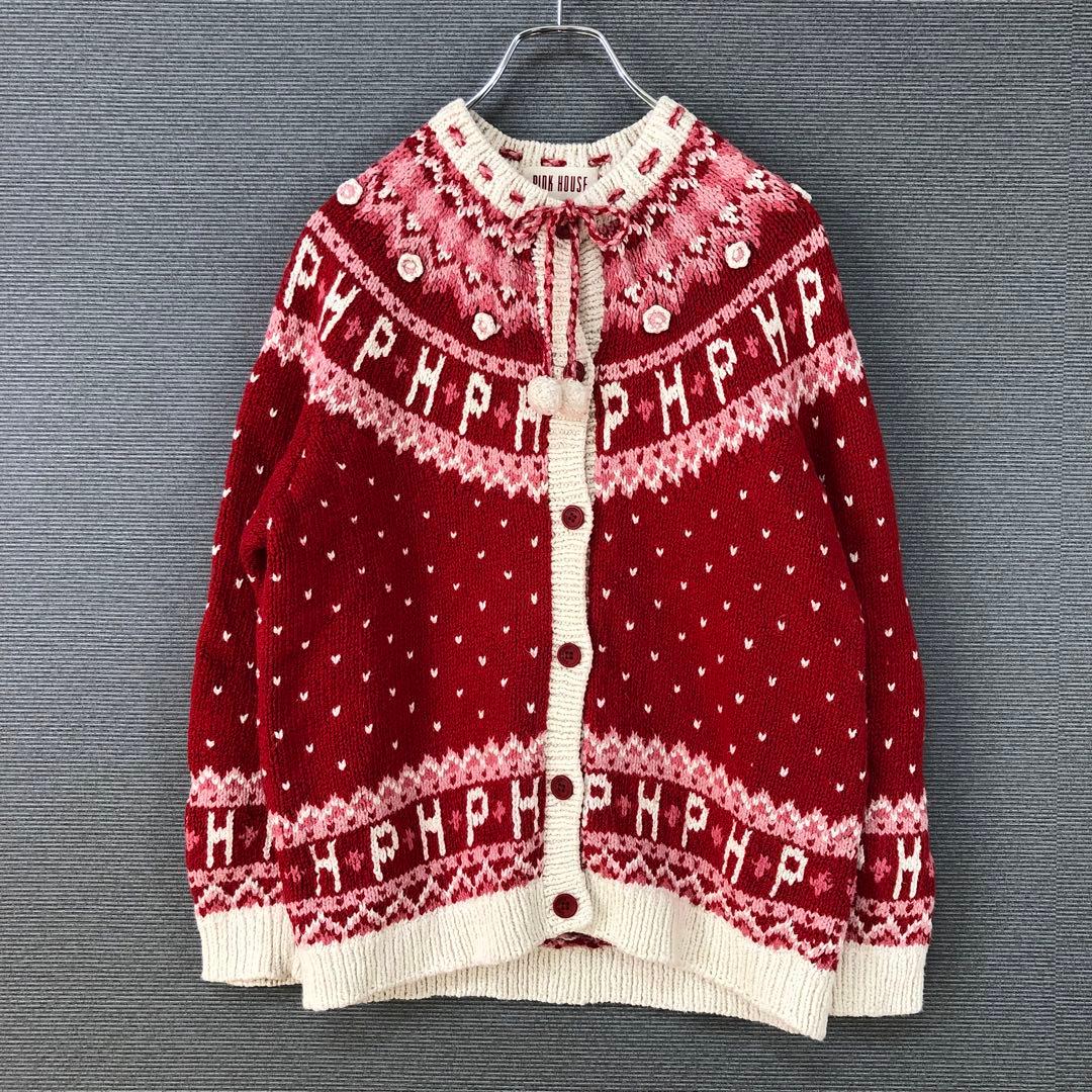 PINK HOUSE 花柄 ハート ノルディック カーディガン レッド