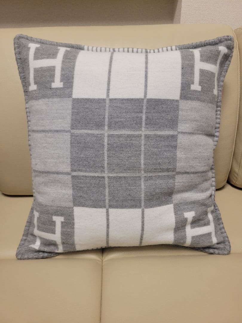 エルメス　クッションカバー　グレー　45×45　チェック