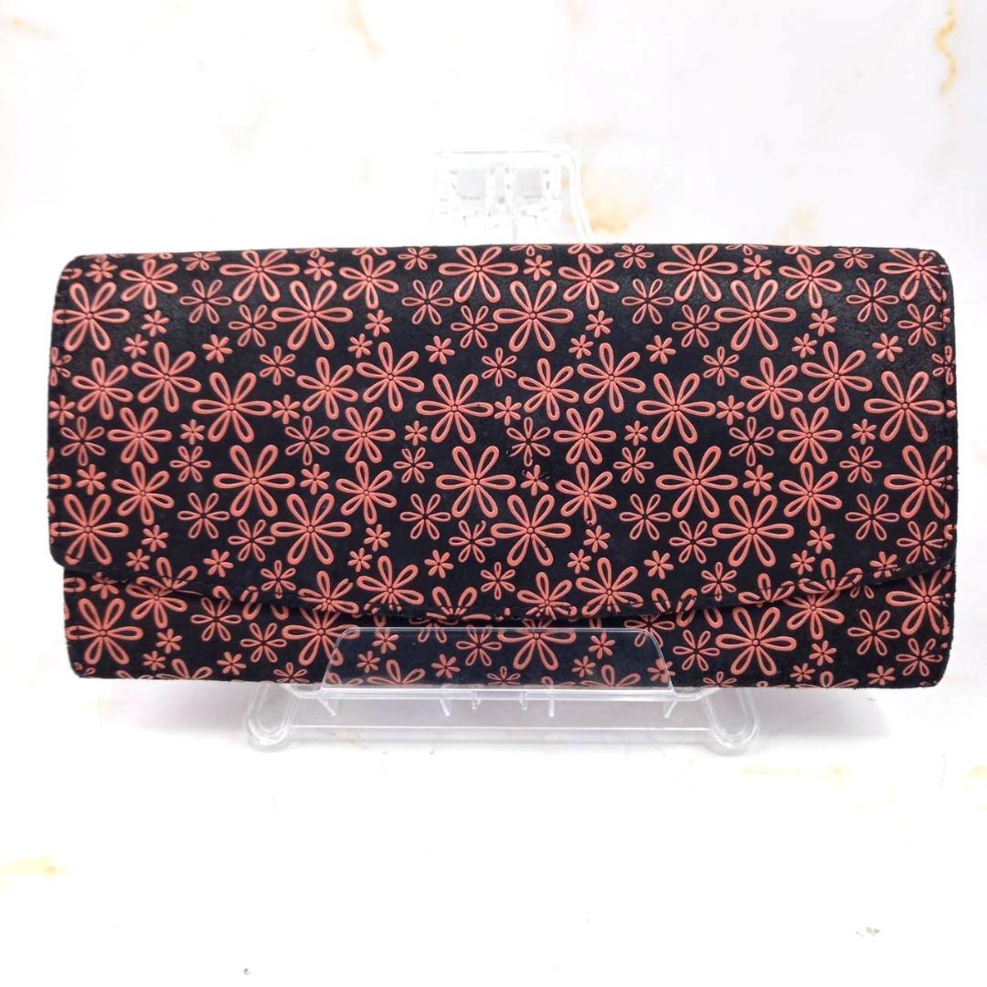 ✨未使用✨ 印傳屋 インデンヤ 長財布 雪割草柄 花柄 黒地×ピンク漆 鹿革 黒