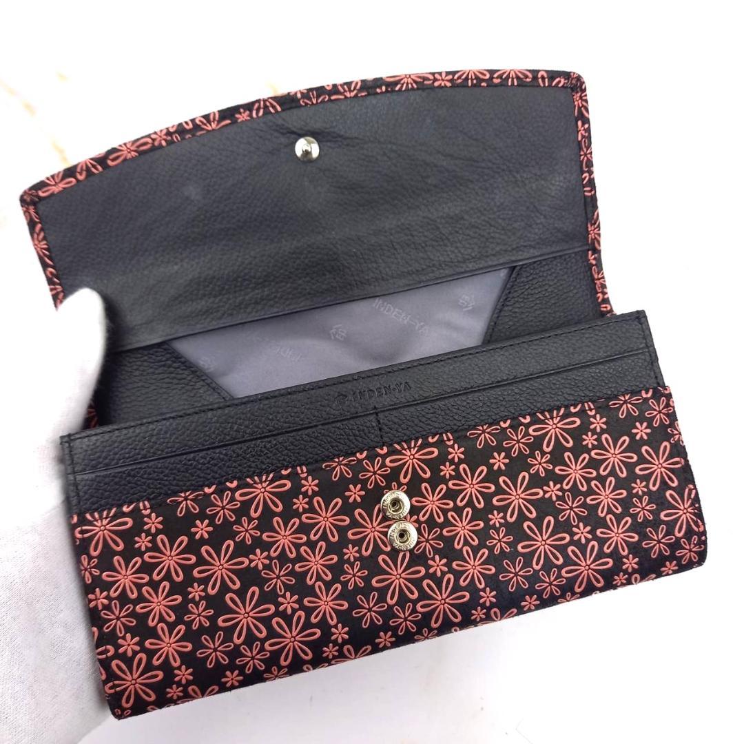 ✨未使用✨ 印傳屋 インデンヤ 長財布 雪割草柄 花柄 黒地×ピンク漆 鹿革 黒