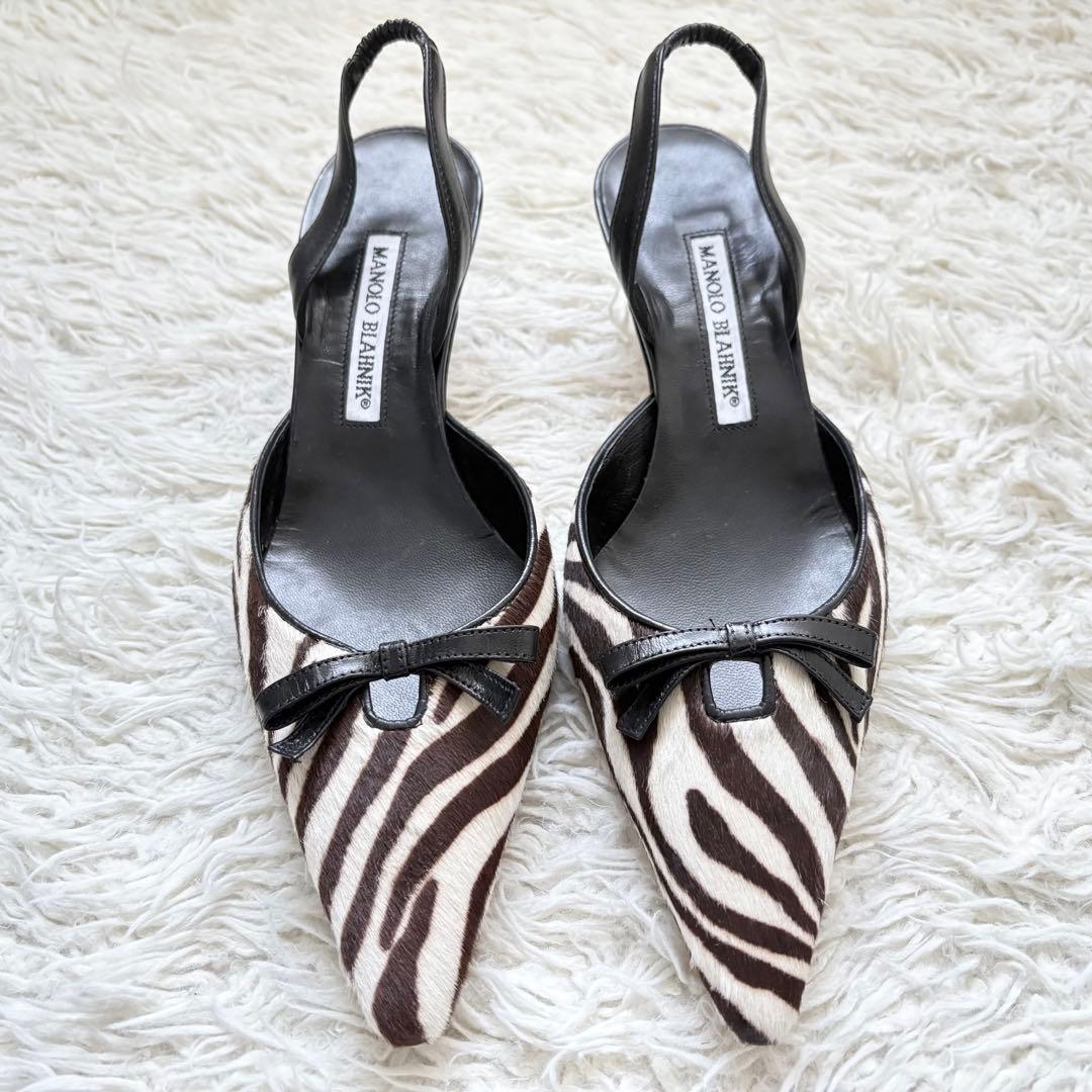 極美品　マノロブラニク　リボンデザイン　ポインテッドトゥ ゼブラ柄　ミュール