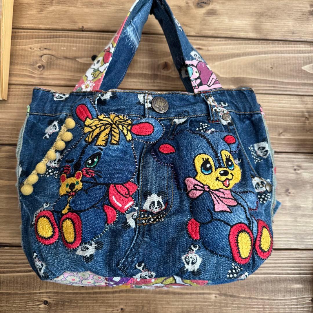 ハンドメイド デニムリメイク バッグ レトロアニマル 2way 楕円底 45