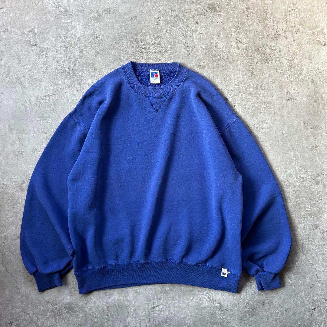 90s ラッセルアスレティック 前Vスウェット/無地プレーン USA製 ブルー