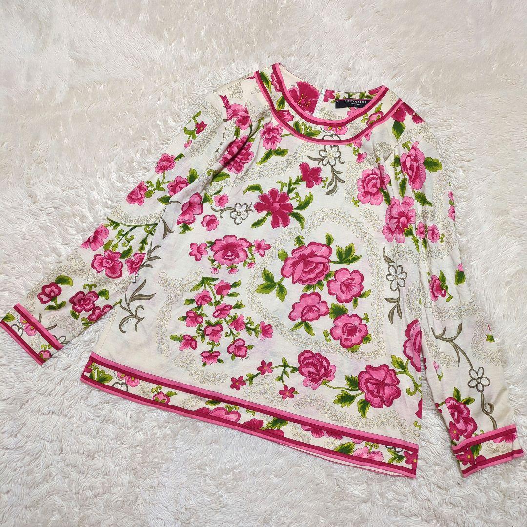 美品！LEONARD　花柄シルクカットソー　Lサイズ　総柄　アイボリー