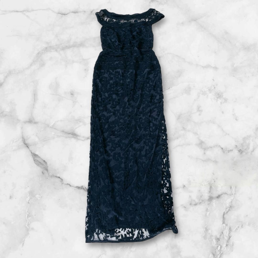 タダシショージ レース 刺繍　スリット ロングドレス　ネイビー　ワンピース
