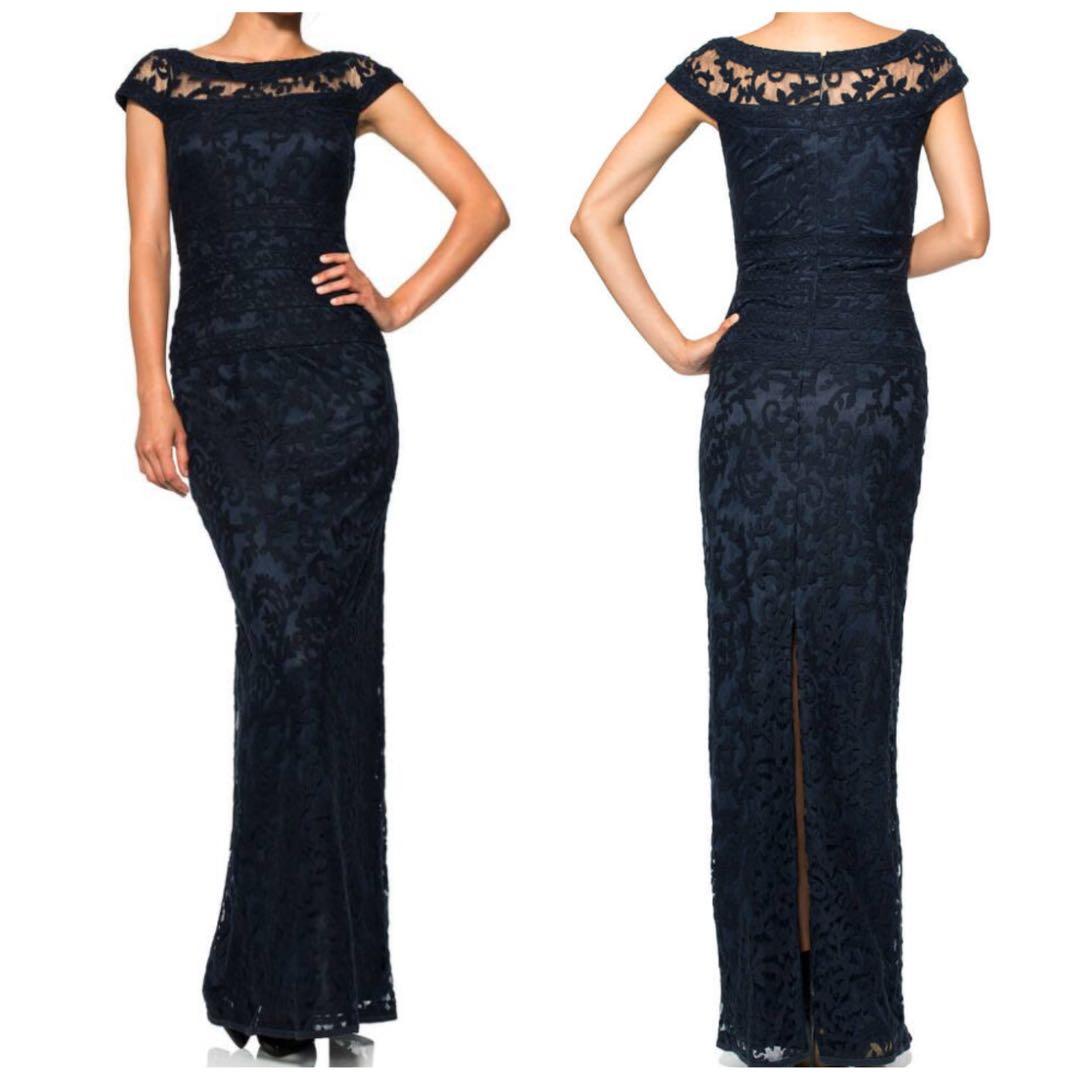 タダシショージ レース 刺繍　スリット ロングドレス　ネイビー　ワンピース