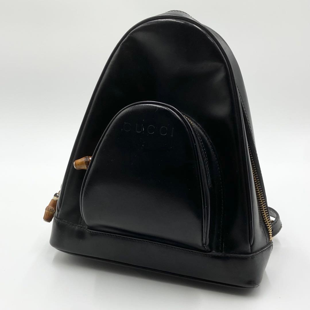 希少　GUCCI グッチ　ボディバッグ　バンブー　レザー　ロゴ刻印　ブラック
