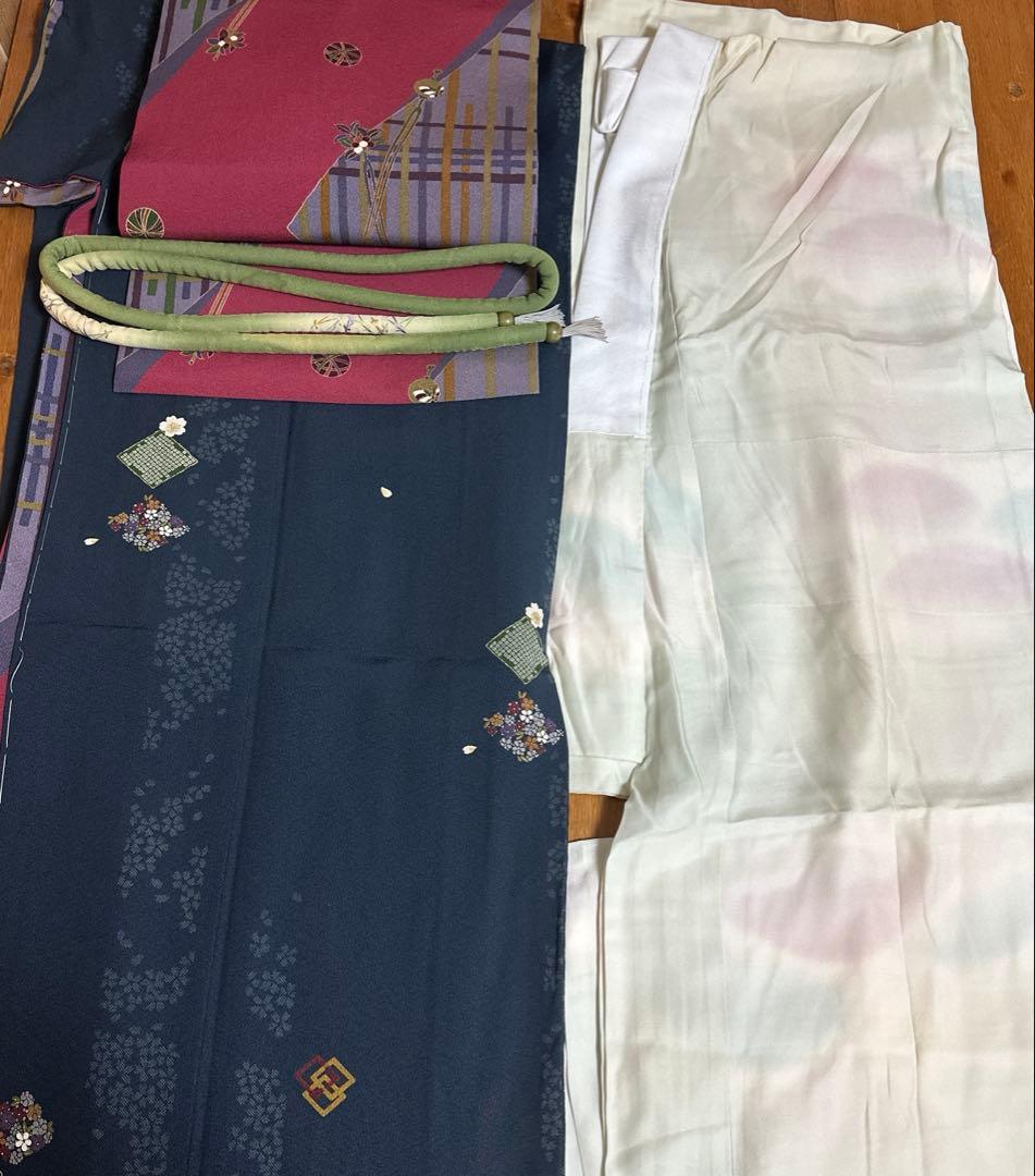 やまと誂製　正絹小紋　名古屋帯　長襦袢　帯締め　しつけ糸付き　４点セット